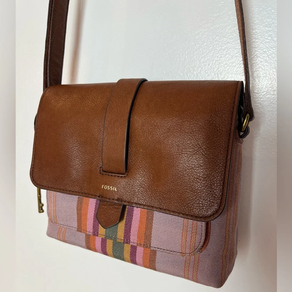 Fossil Leather & Stripe Canvas Crossbody Bag Brown Multicolor
